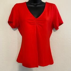 Sourpuss Womens Size Medium Short Sleeve V Neck Ruched Shirt Top Red Retro